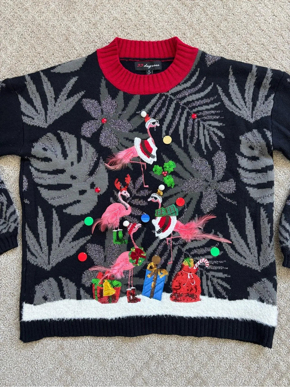 33 Degrees Ugly Christmas Sweater Tropical Flamingos Black Gray